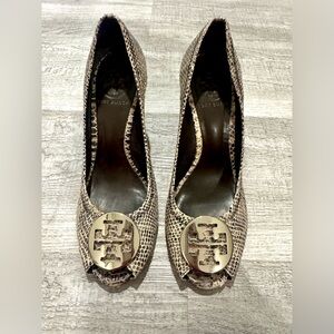 Tory Burch Peep-toe Snakeskin Wedges - Size &